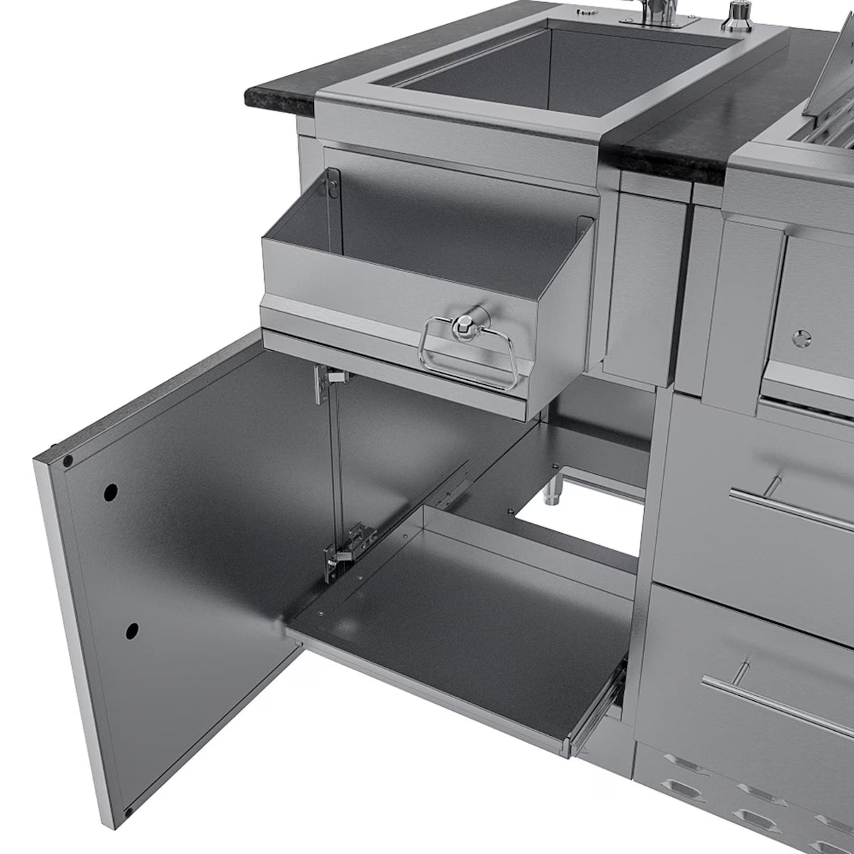 Sunstone Caprice 6′4″ Stainless Steel Outdoor Kitchen Island Package with Grill, Side Burner, Refrigerator & Sink