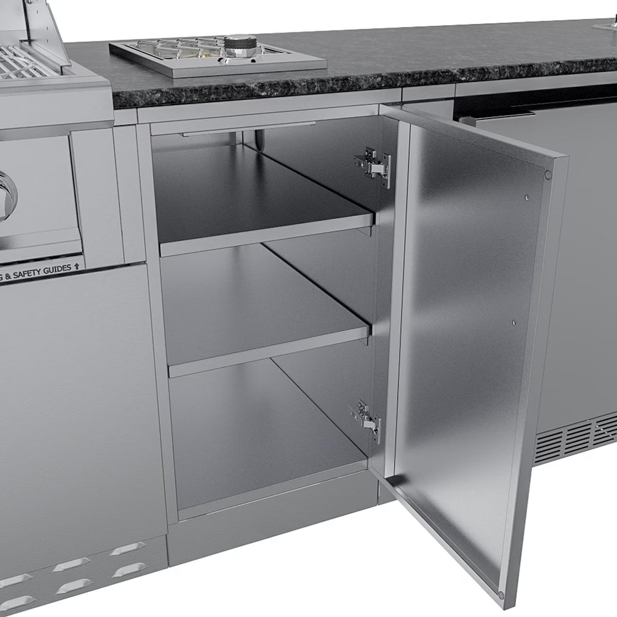 Sunstone Brazos 9′ Stainless Steel Outdoor Kitchen Island Package with Grill, Side Burner, Refrigerator & Sink
