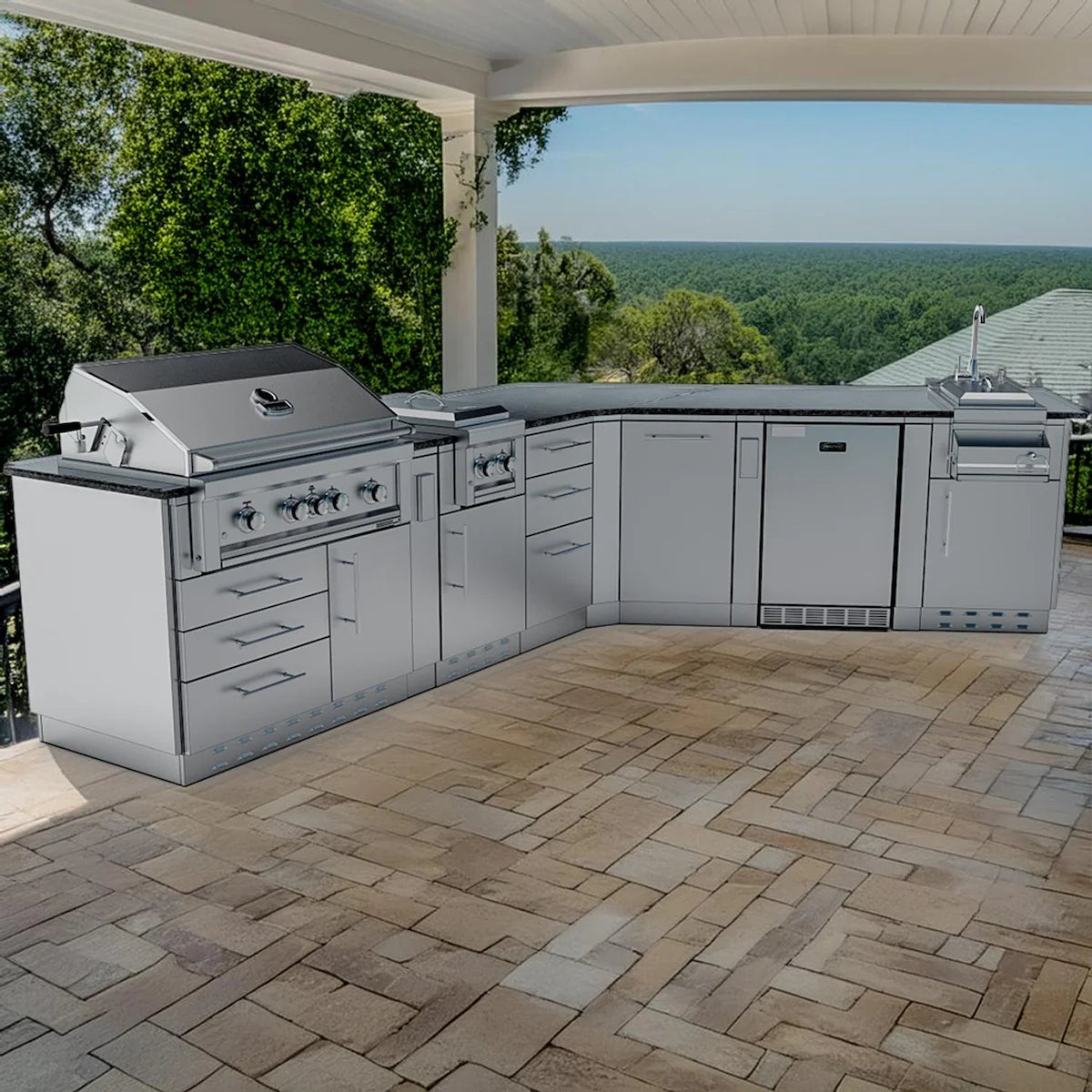Sunstone Savanna 16′ Stainless Steel Outdoor Kitchen Island Package with Grill, Double Burner, Refrigerator & Sink