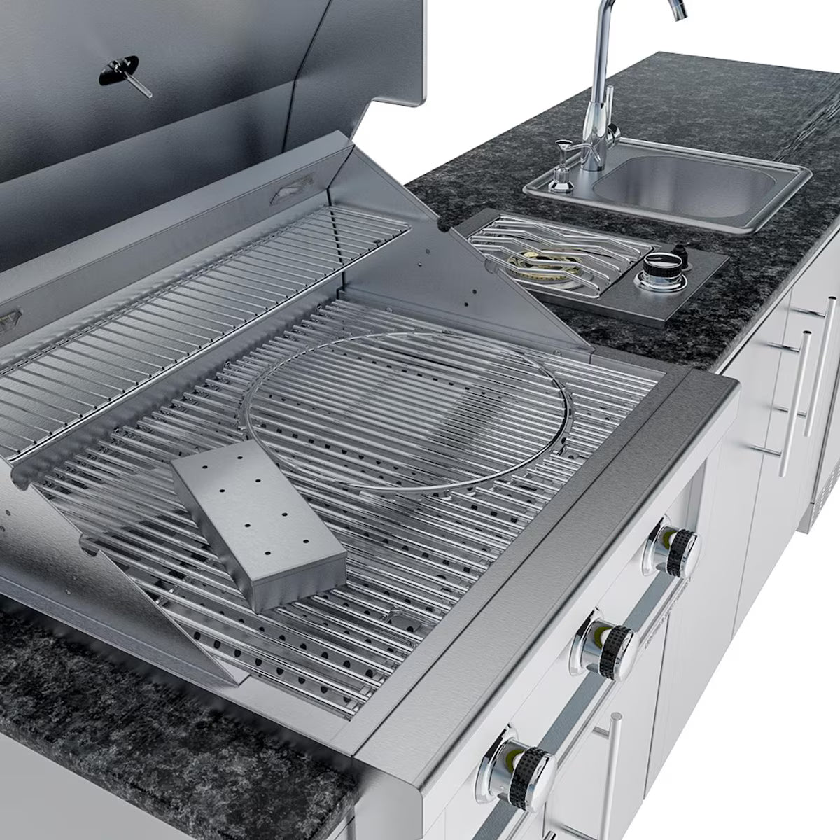 Sunstone Bayou 8′6″ Stainless Steel Outdoor Kitchen Island Package with Grill, Burner, Refrigerator & Sink