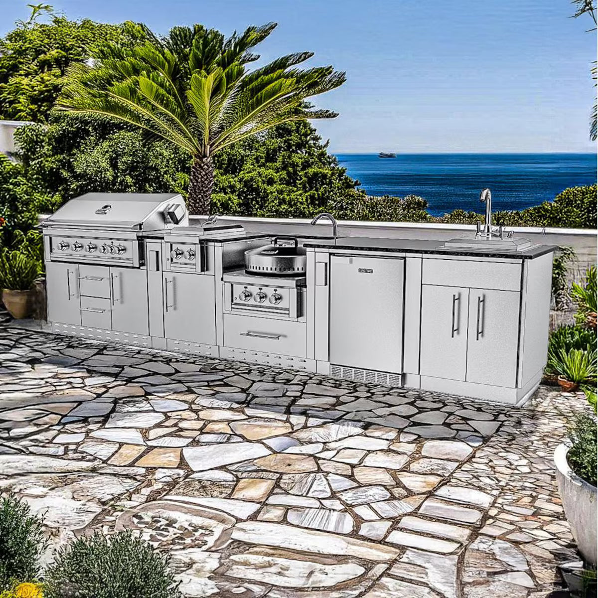 Sunstone Hill Country 13′6″ Stainless Steel Outdoor Kitchen Island Package with Grill, Side Burner, Refrigerator & Sink