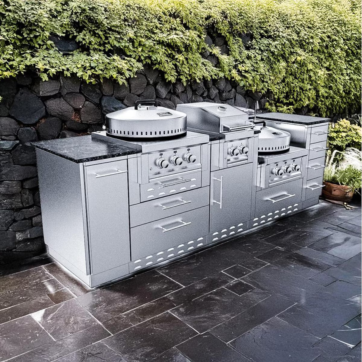 Sunstone Texas Cajun 9′ Stainless Steel Outdoor Kitchen Island Package with Grill, Side Burner, Refrigerator & Sink