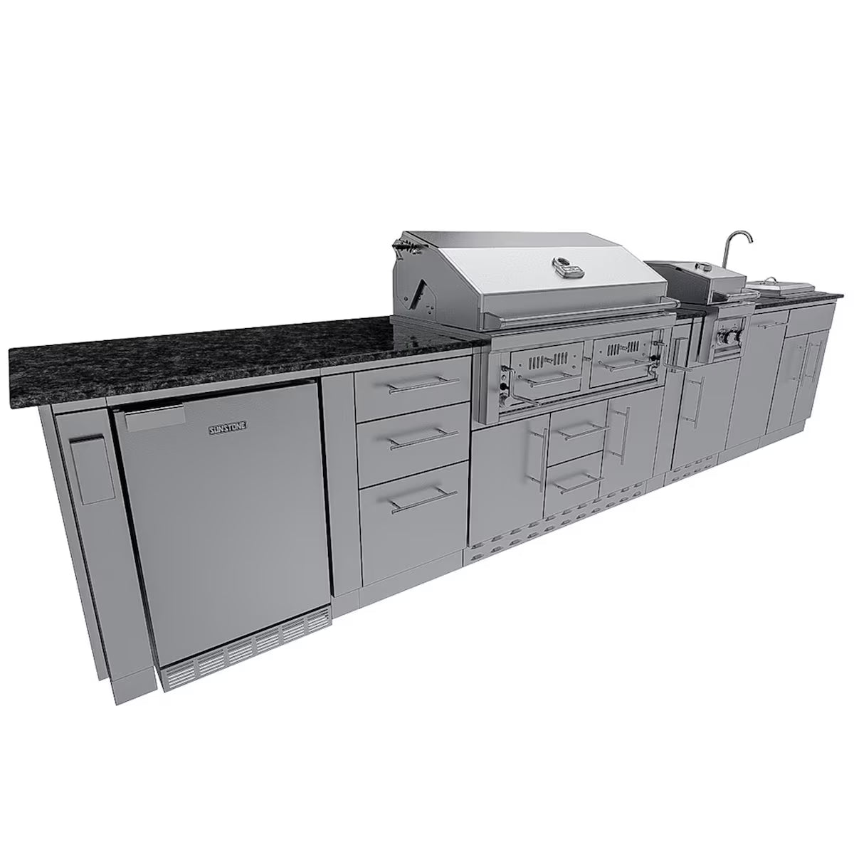 Sunstone Dallas 14′ Stainless Steel Outdoor Kitchen Island Package with Grill, Side Burner, Refrigerator & Sink