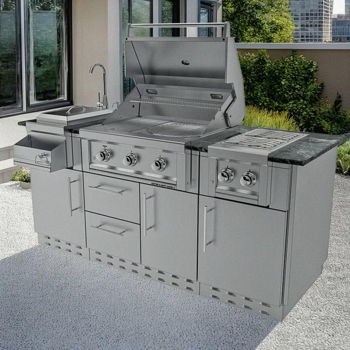 Sunstone Caprice 6′4″ Stainless Steel Outdoor Kitchen Island Package with Grill, Side Burner, Refrigerator & Sink