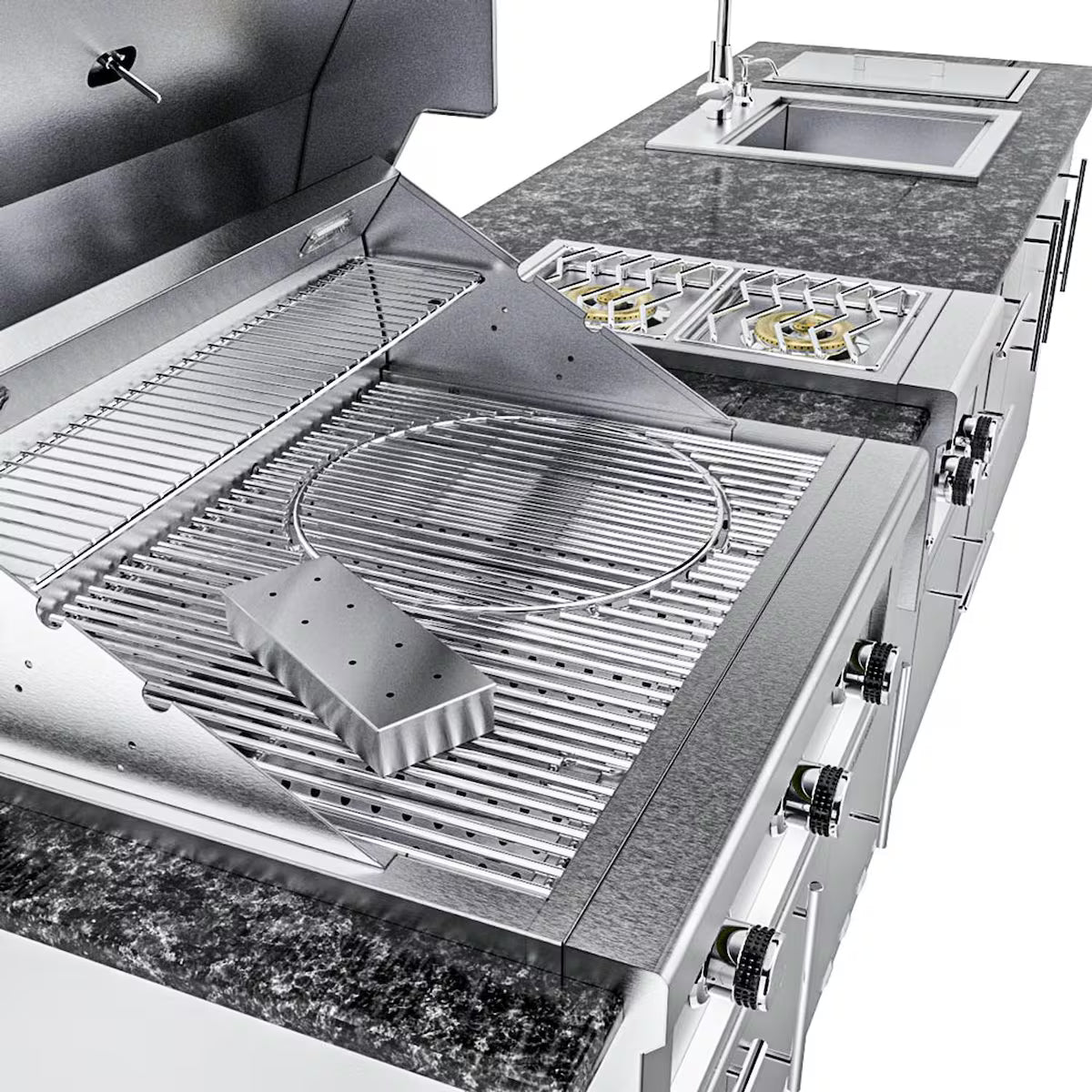 Sunstone Magnolia 10′ Stainless Steel Outdoor Kitchen Island Package with Grill, Side Burner, Refrigerator & Sink