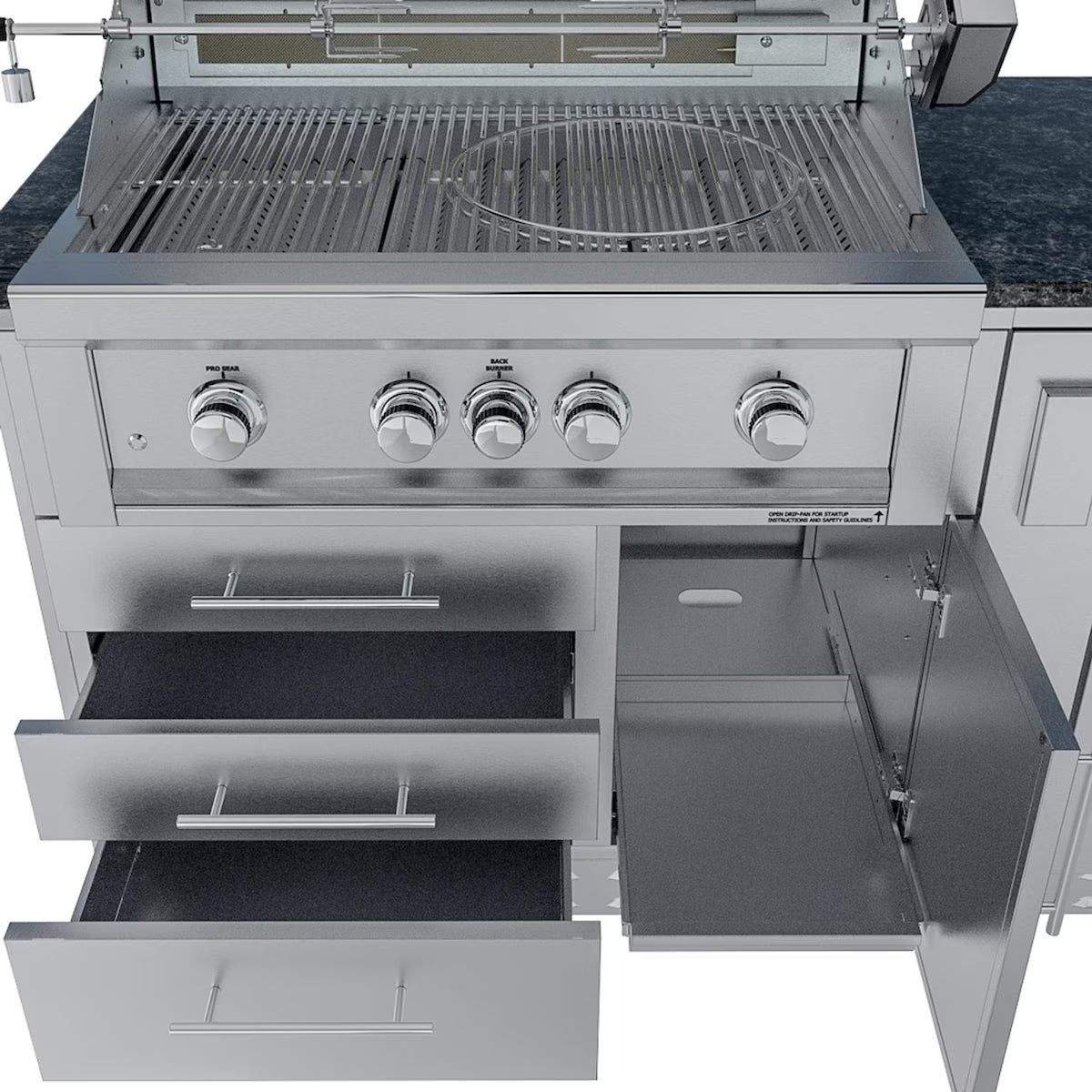 Sunstone Savanna 16′ Stainless Steel Outdoor Kitchen Island Package with Grill, Double Burner, Refrigerator & Sink