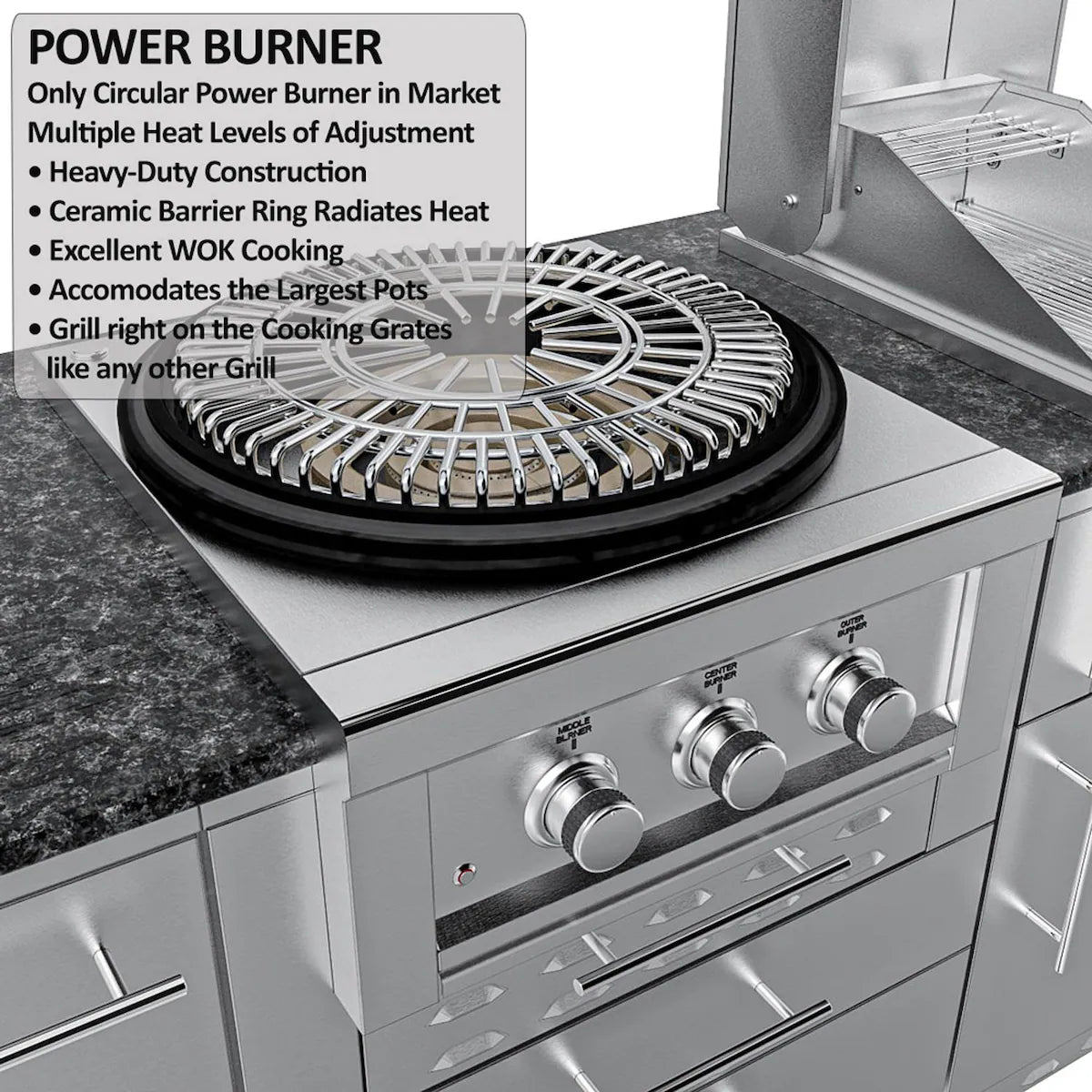 Sunstone Texas Cajun 9′ Stainless Steel Outdoor Kitchen Island Package with Grill, Side Burner, Refrigerator & Sink