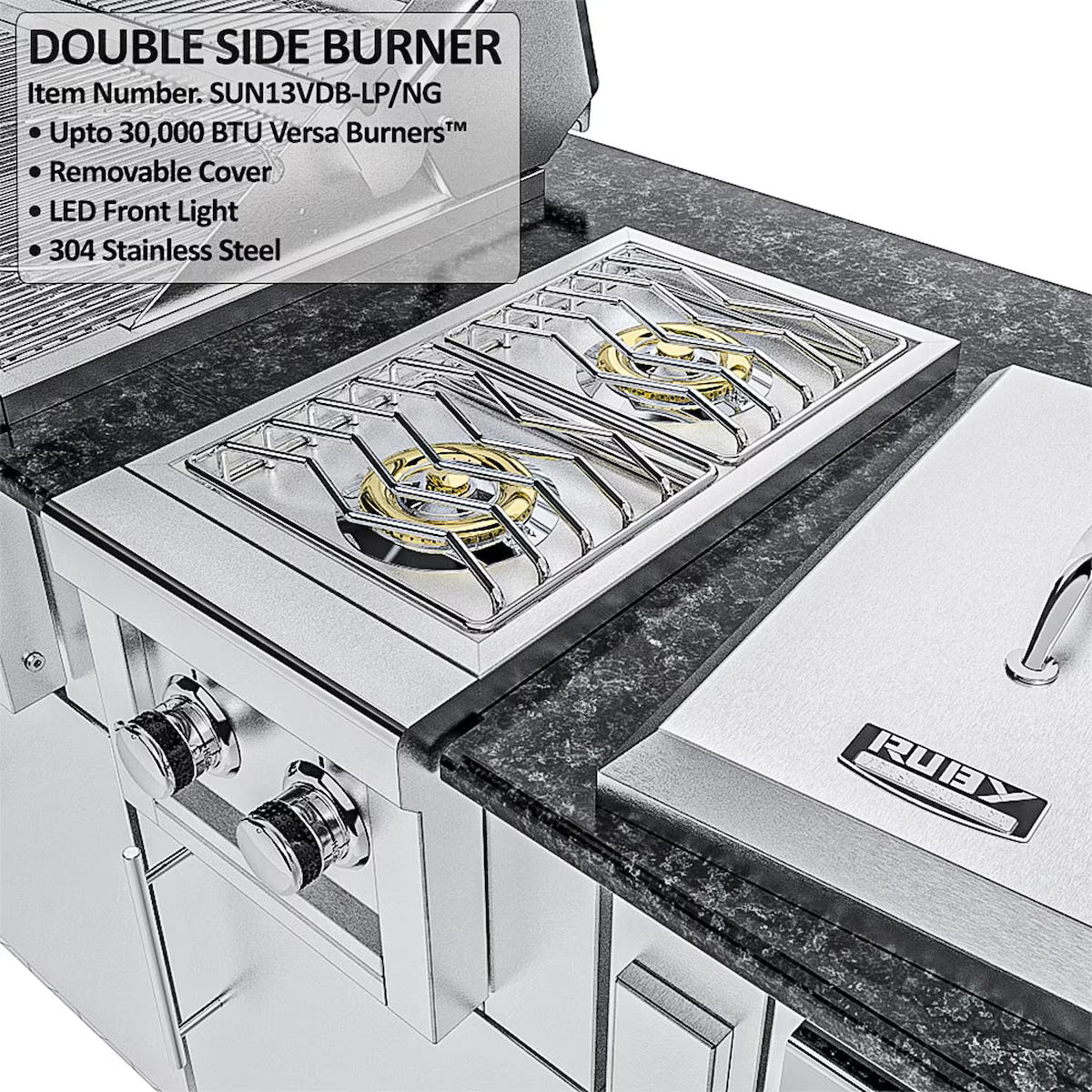 Sunstone Magnolia 10′ Stainless Steel Outdoor Kitchen Island Package with Grill, Side Burner, Refrigerator & Sink