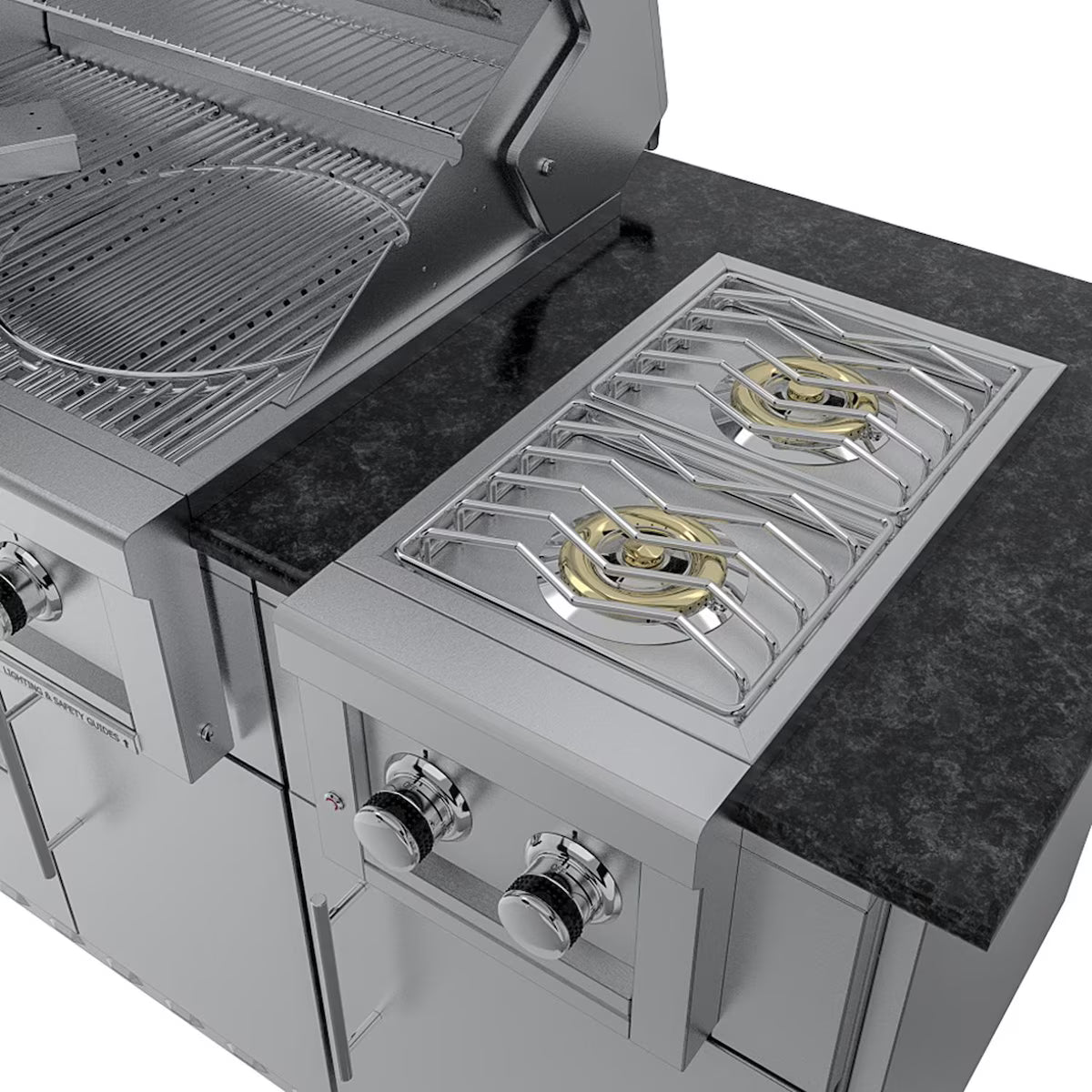 Sunstone Caprice 6′4″ Stainless Steel Outdoor Kitchen Island Package with Grill, Side Burner, Refrigerator & Sink