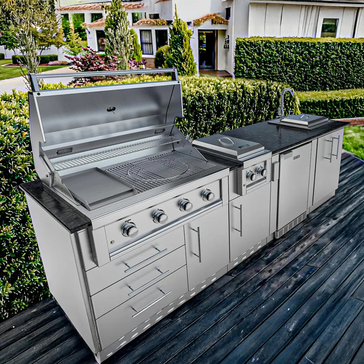 Sunstone Houston 9′8″ Stainless Steel Outdoor Kitchen Island Package with Grill, Side Burner, Refrigerator & Sink