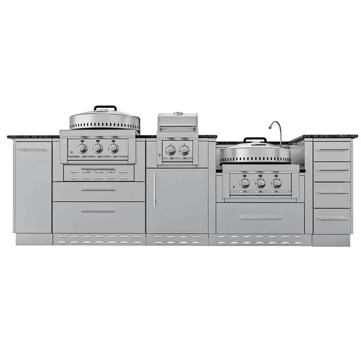 Sunstone Texas Cajun 9′ Stainless Steel Outdoor Kitchen Island Package with Grill, Side Burner, Refrigerator & Sink