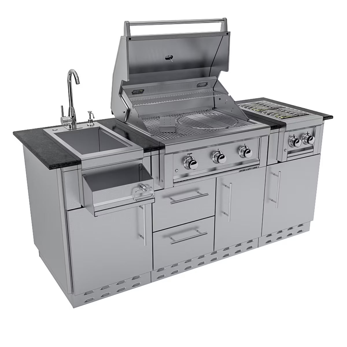 Sunstone Caprice 6′4″ Stainless Steel Outdoor Kitchen Island Package with Grill, Side Burner, Refrigerator & Sink