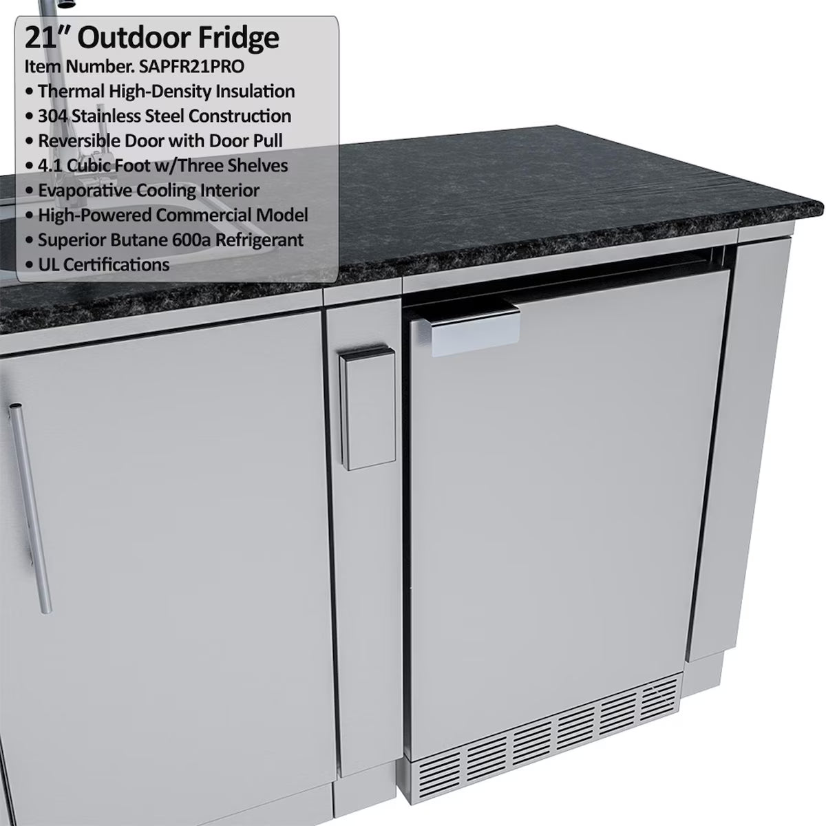 Sunstone Bayou 8′6″ Stainless Steel Outdoor Kitchen Island Package with Grill, Burner, Refrigerator & Sink