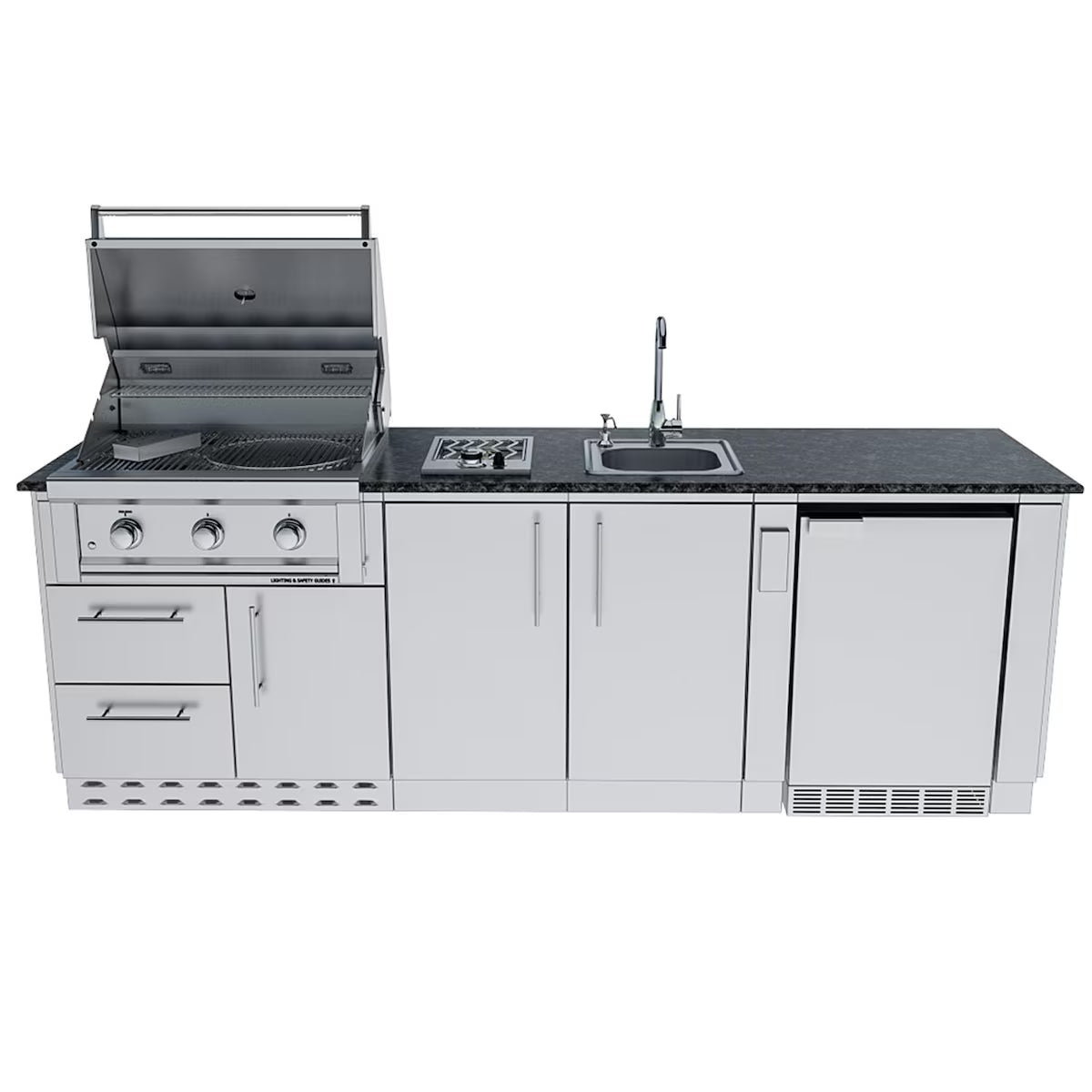 Sunstone Bayou 8′6″ Stainless Steel Outdoor Kitchen Island Package with Grill, Burner, Refrigerator & Sink
